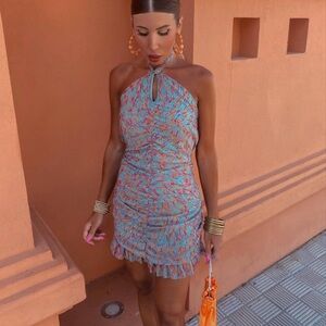 Halter Blue, Pink and Orange cocktail Dress